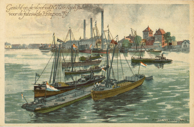 603212 Gezicht op enkele schepen in de Hollandse IJssel met op de achtergrond de vestiging in Krimpen aan de IJssel van ...